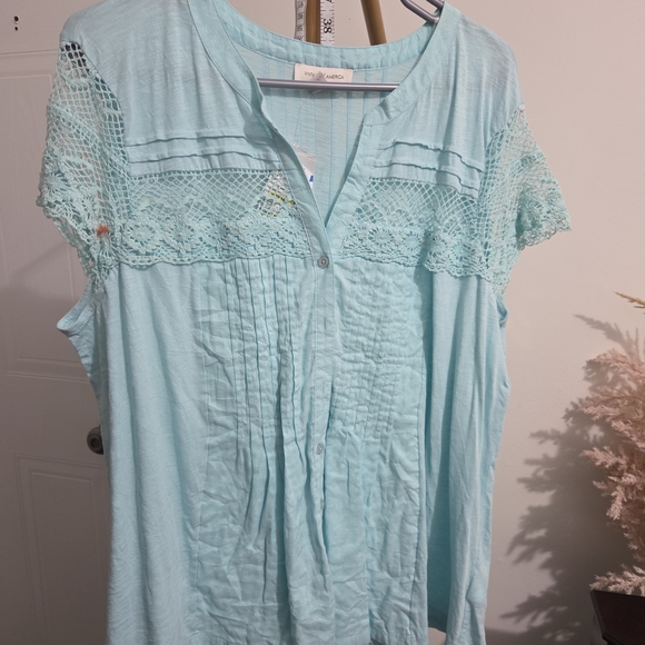 Vintage America Mint Crochet-Yoke Button Front Top - Picture 2 of 2